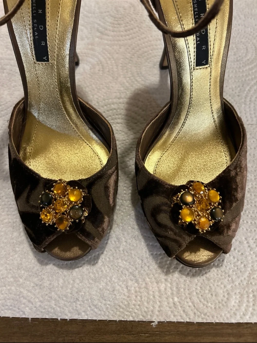 Laundry By Shelli Segal Brown Velvet Peep-Toe Heels with Amber Jewel Cluster